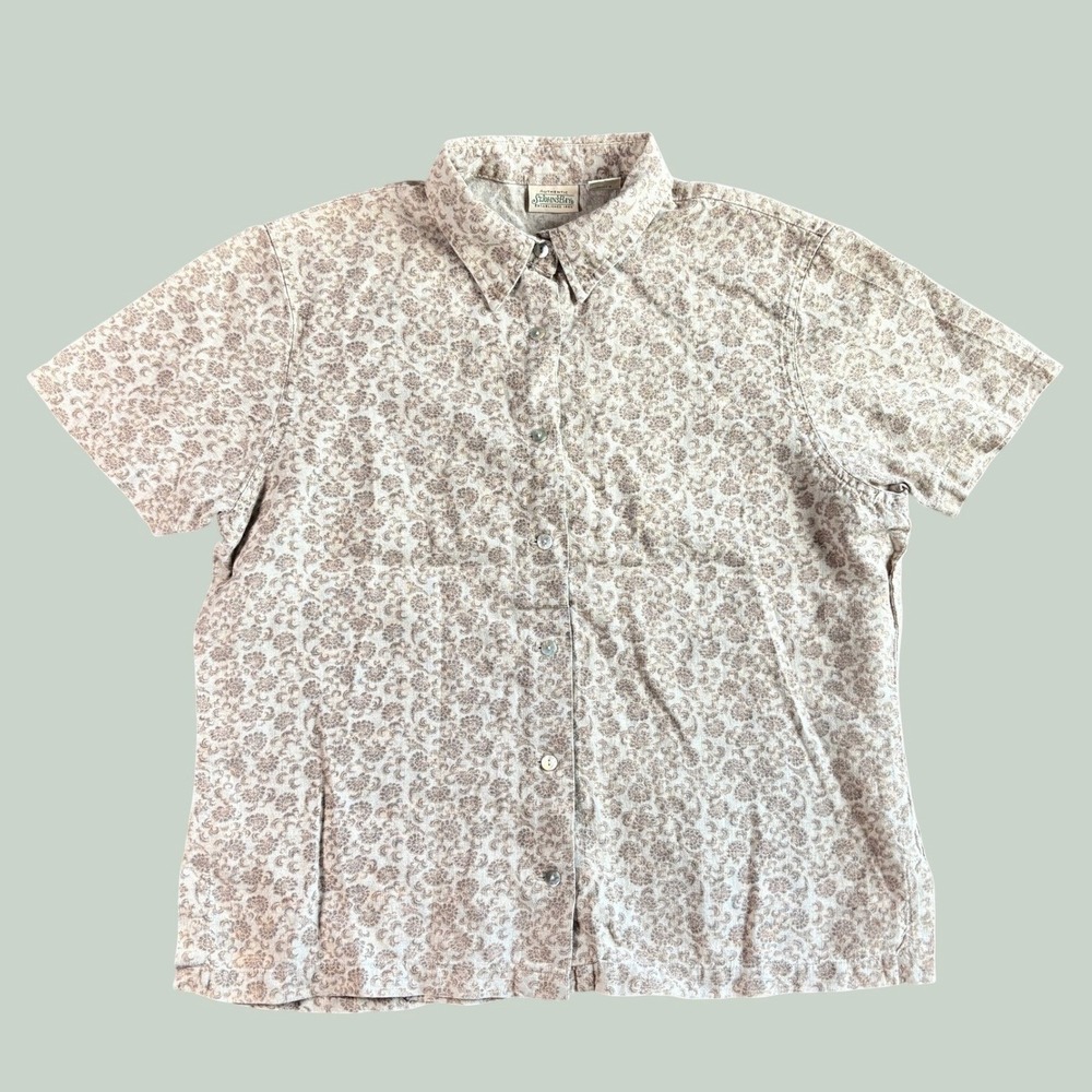 St. Johns Bay Womens Shirt Medium Beige 100% Linen Floral Cottage Garden Earthy